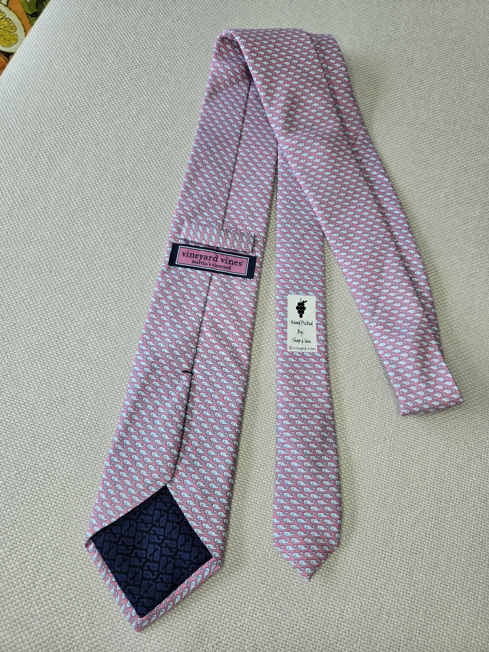 Vineyard Vines 100% Silk Tie Pink with Blue Whales Preppy Classic